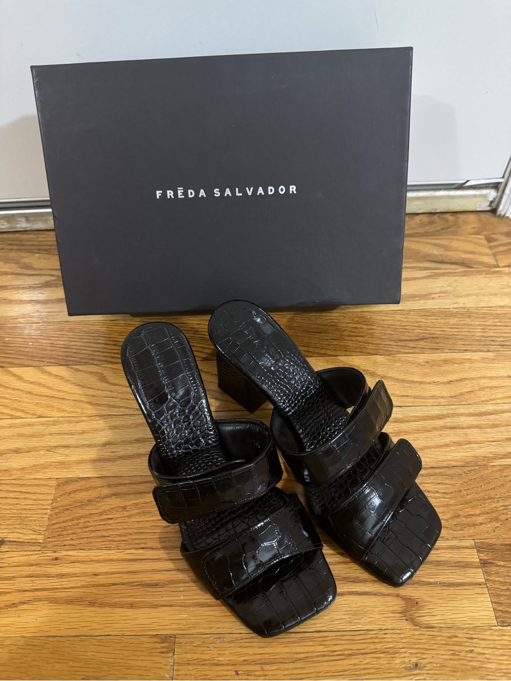 Freda Salvador Black Croc-Embossed Triple-Strap Block Heel Sandals